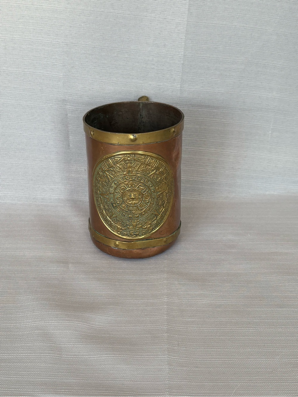 Brass-Accent Copper Pen Holder with Aztec Medallion - Brown/Gold